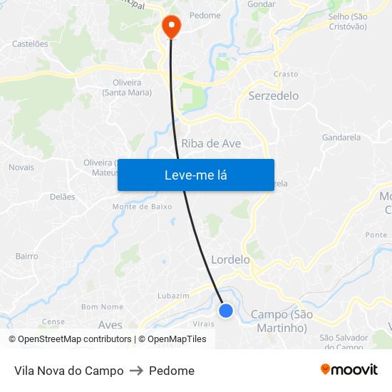 Vila Nova do Campo to Pedome map