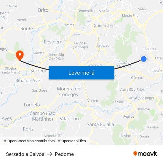 Serzedo e Calvos to Pedome map