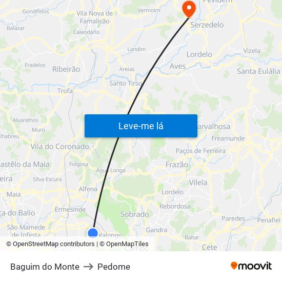 Baguim do Monte to Pedome map