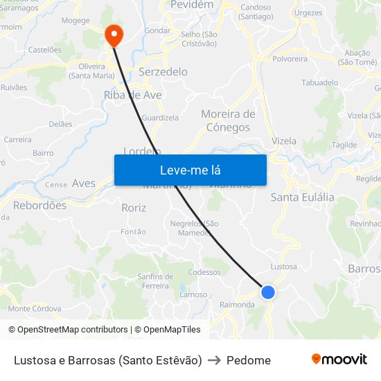 Lustosa e Barrosas (Santo Estêvão) to Pedome map