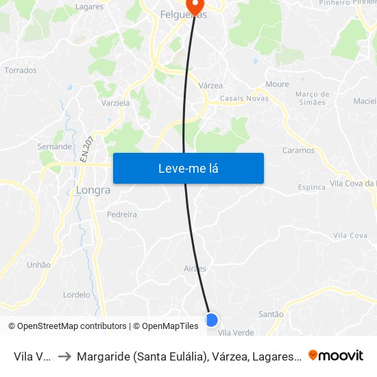 Vila Verde to Margaride (Santa Eulália), Várzea, Lagares, Varziela e Moure map