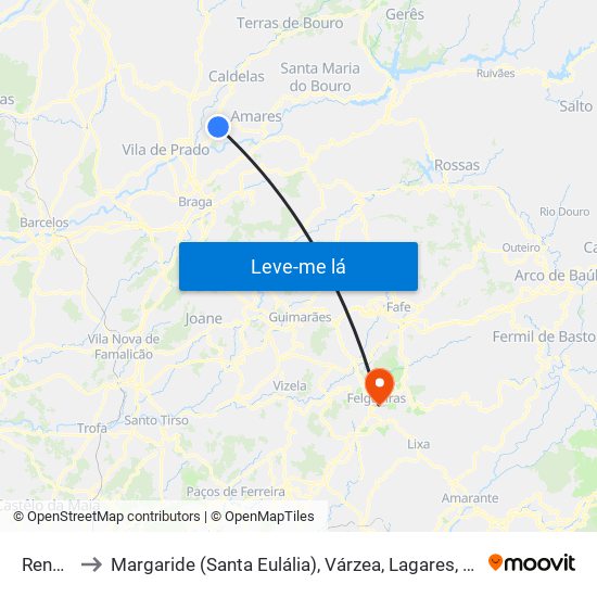 Rendufe to Margaride (Santa Eulália), Várzea, Lagares, Varziela e Moure map