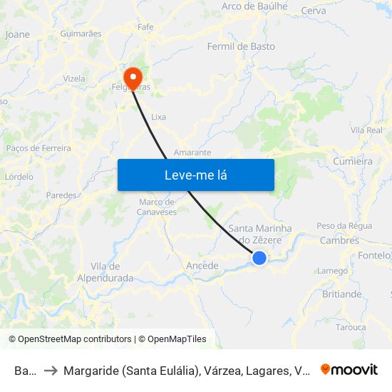 Baião to Margaride (Santa Eulália), Várzea, Lagares, Varziela e Moure map