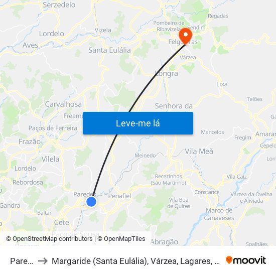 Paredes to Margaride (Santa Eulália), Várzea, Lagares, Varziela e Moure map