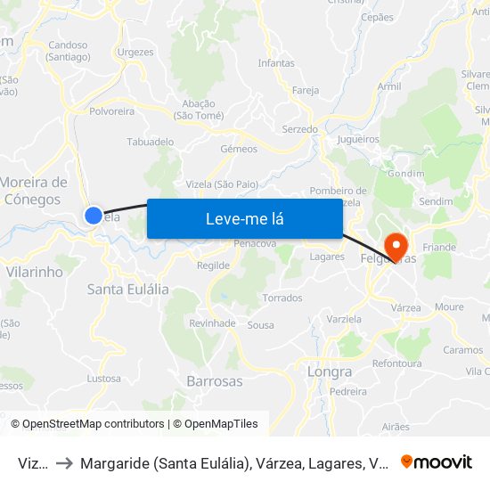 Vizela to Margaride (Santa Eulália), Várzea, Lagares, Varziela e Moure map