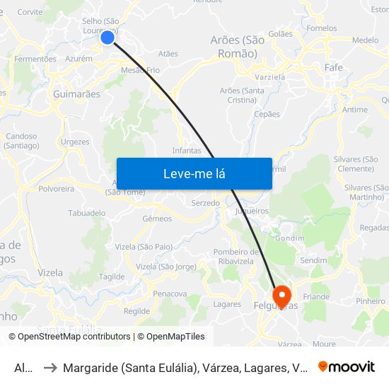 Aldão to Margaride (Santa Eulália), Várzea, Lagares, Varziela e Moure map