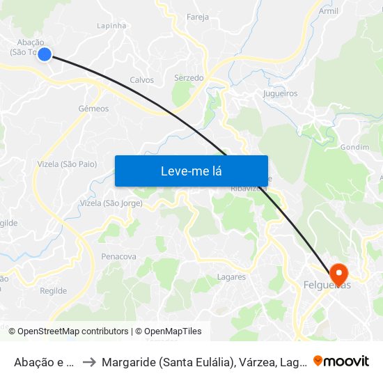 Abação e Gémeos to Margaride (Santa Eulália), Várzea, Lagares, Varziela e Moure map