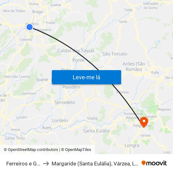Ferreiros e Gondizalves to Margaride (Santa Eulália), Várzea, Lagares, Varziela e Moure map