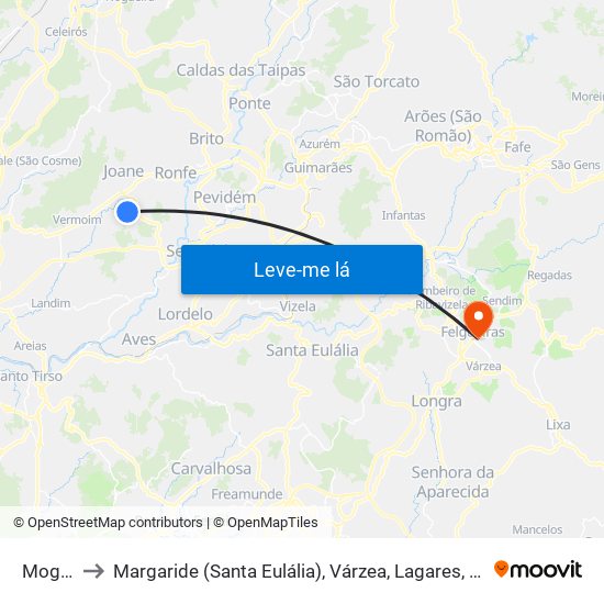 Mogege to Margaride (Santa Eulália), Várzea, Lagares, Varziela e Moure map