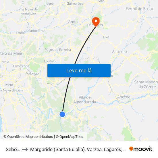 Sebolido to Margaride (Santa Eulália), Várzea, Lagares, Varziela e Moure map