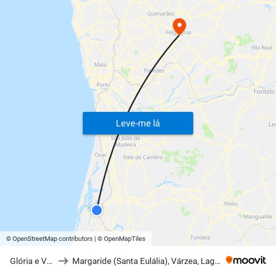 Glória e Vera Cruz to Margaride (Santa Eulália), Várzea, Lagares, Varziela e Moure map