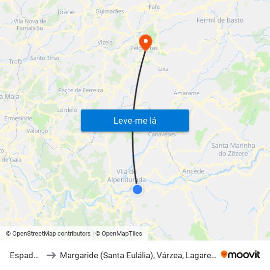 Espadanedo to Margaride (Santa Eulália), Várzea, Lagares, Varziela e Moure map