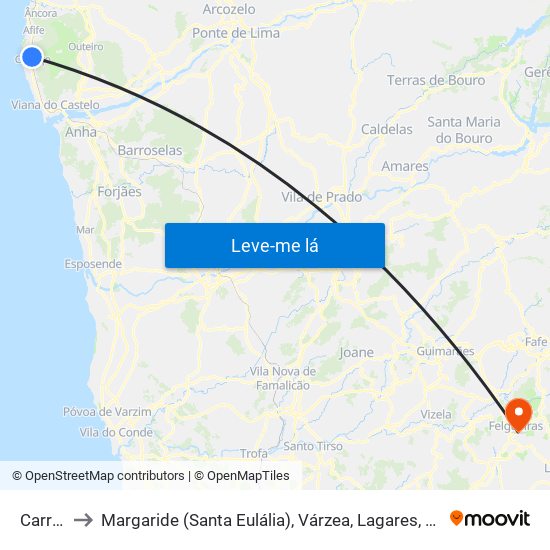 Carreço to Margaride (Santa Eulália), Várzea, Lagares, Varziela e Moure map