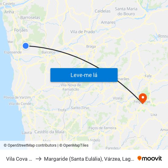 Vila Cova e Feitos to Margaride (Santa Eulália), Várzea, Lagares, Varziela e Moure map