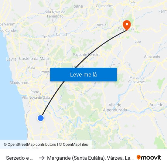 Serzedo e Perosinho to Margaride (Santa Eulália), Várzea, Lagares, Varziela e Moure map