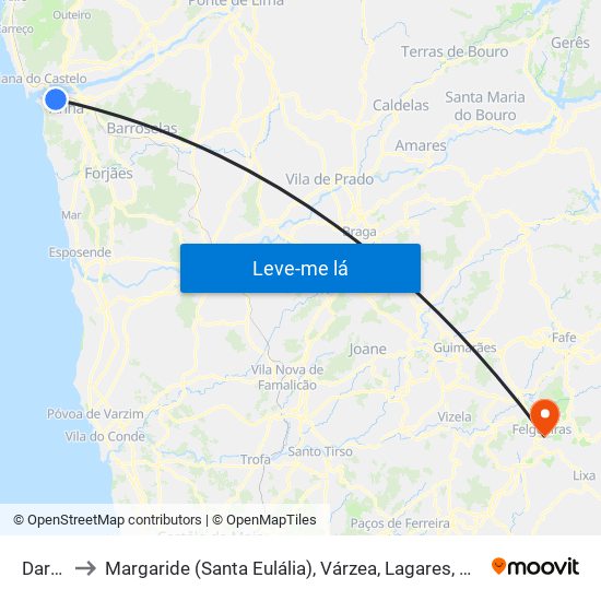 Darque to Margaride (Santa Eulália), Várzea, Lagares, Varziela e Moure map