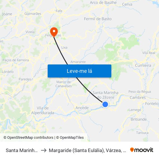 Santa Marinha do Zêzere to Margaride (Santa Eulália), Várzea, Lagares, Varziela e Moure map