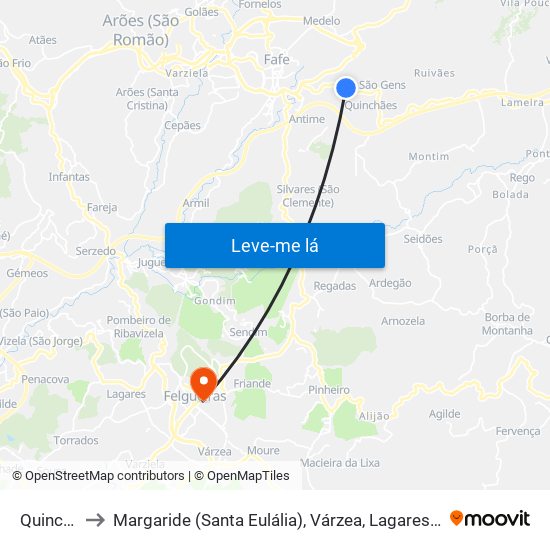 Quinchães to Margaride (Santa Eulália), Várzea, Lagares, Varziela e Moure map