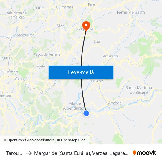 Tarouquela to Margaride (Santa Eulália), Várzea, Lagares, Varziela e Moure map