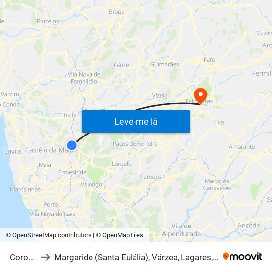 Coronado to Margaride (Santa Eulália), Várzea, Lagares, Varziela e Moure map