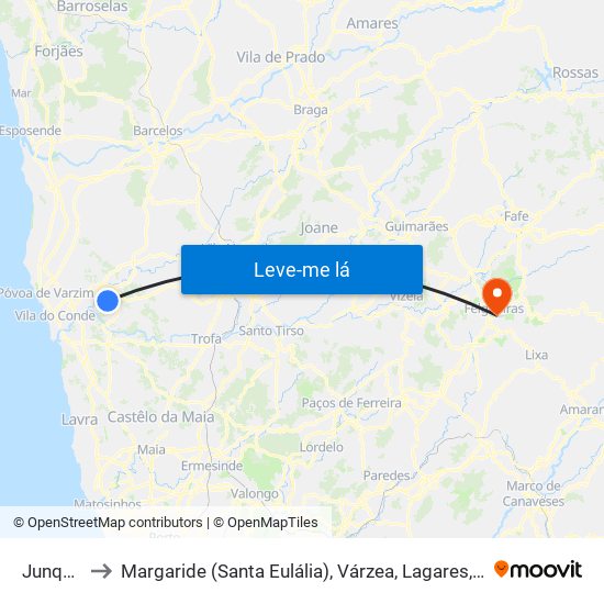 Junqueira to Margaride (Santa Eulália), Várzea, Lagares, Varziela e Moure map