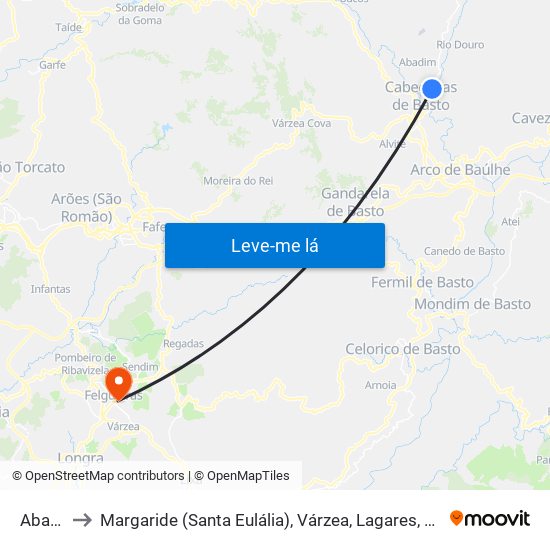 Abadim to Margaride (Santa Eulália), Várzea, Lagares, Varziela e Moure map