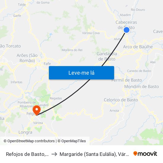 Refojos de Basto, Outeiro e Painzela to Margaride (Santa Eulália), Várzea, Lagares, Varziela e Moure map