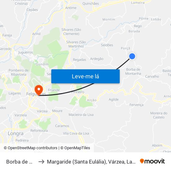 Borba de Montanha to Margaride (Santa Eulália), Várzea, Lagares, Varziela e Moure map