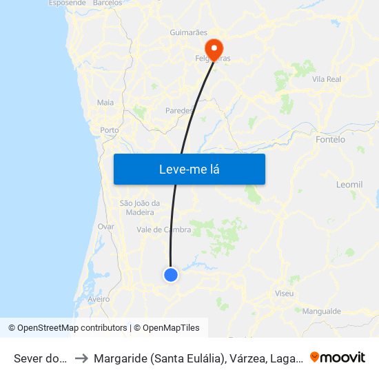 Sever do Vouga to Margaride (Santa Eulália), Várzea, Lagares, Varziela e Moure map