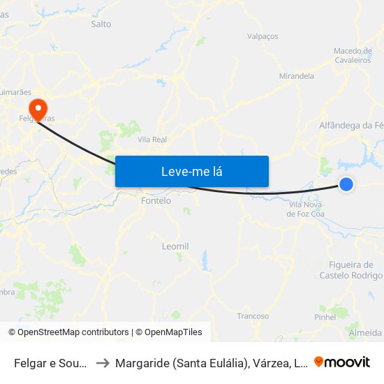 Felgar e Souto da Velha to Margaride (Santa Eulália), Várzea, Lagares, Varziela e Moure map