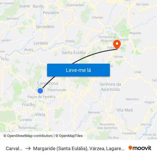 Carvalhosa to Margaride (Santa Eulália), Várzea, Lagares, Varziela e Moure map