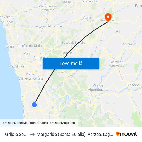 Grijó e Sermonde to Margaride (Santa Eulália), Várzea, Lagares, Varziela e Moure map