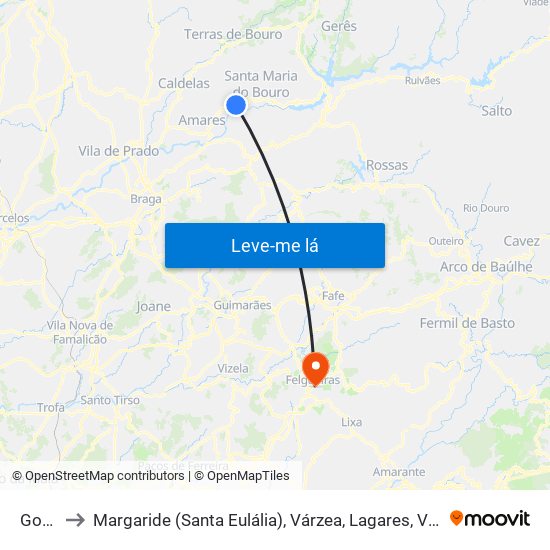 Goães to Margaride (Santa Eulália), Várzea, Lagares, Varziela e Moure map
