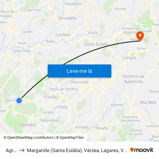 Agrela to Margaride (Santa Eulália), Várzea, Lagares, Varziela e Moure map