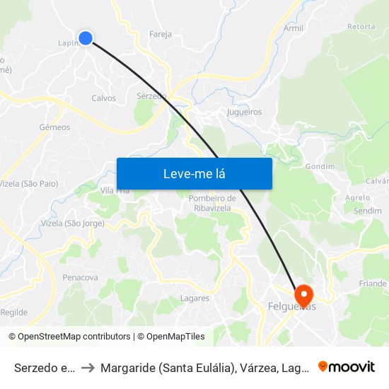 Serzedo e Calvos to Margaride (Santa Eulália), Várzea, Lagares, Varziela e Moure map