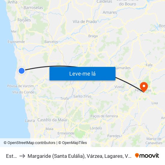 Estela to Margaride (Santa Eulália), Várzea, Lagares, Varziela e Moure map