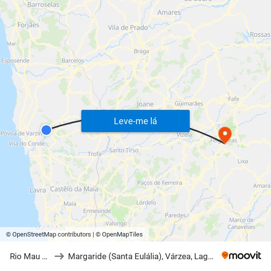 Rio Mau e Arcos to Margaride (Santa Eulália), Várzea, Lagares, Varziela e Moure map