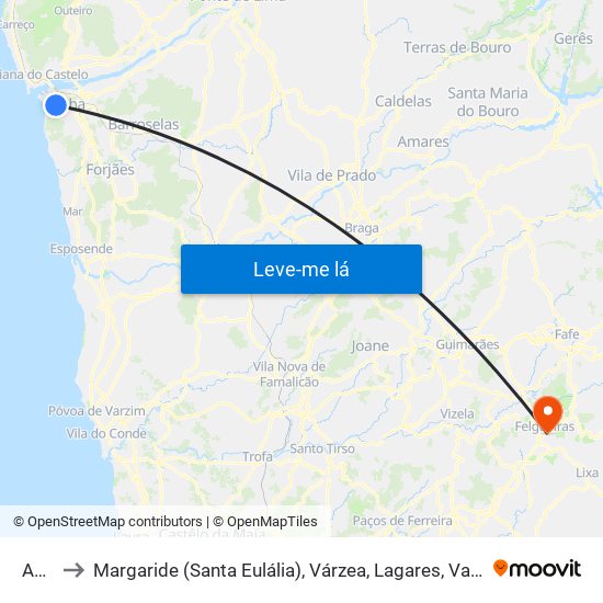 Anha to Margaride (Santa Eulália), Várzea, Lagares, Varziela e Moure map