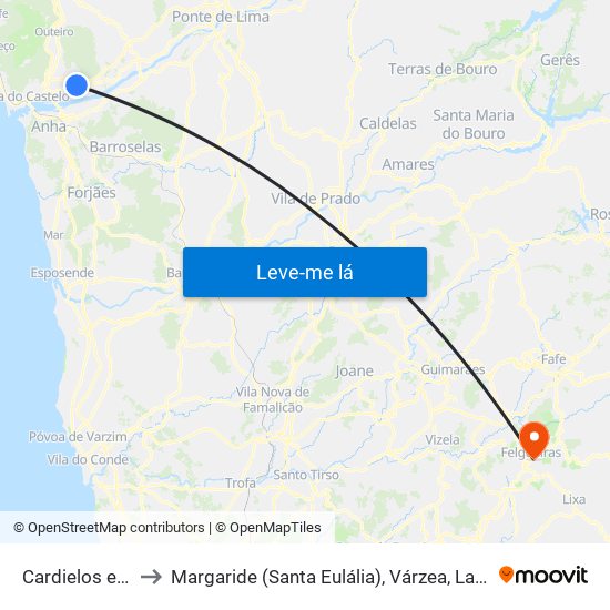 Cardielos e Serreleis to Margaride (Santa Eulália), Várzea, Lagares, Varziela e Moure map