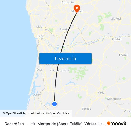 Recardães e Espinhel to Margaride (Santa Eulália), Várzea, Lagares, Varziela e Moure map