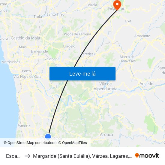 Escapães to Margaride (Santa Eulália), Várzea, Lagares, Varziela e Moure map