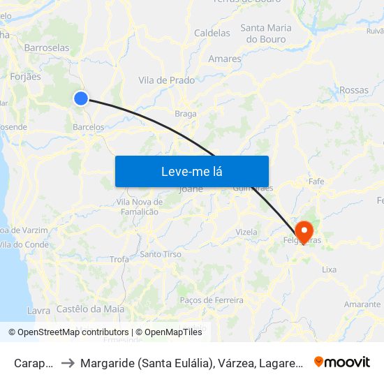 Carapeços to Margaride (Santa Eulália), Várzea, Lagares, Varziela e Moure map