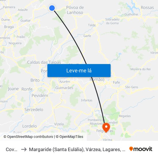 Covelas to Margaride (Santa Eulália), Várzea, Lagares, Varziela e Moure map