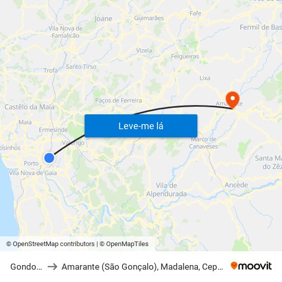 Gondomar to Amarante (São Gonçalo), Madalena, Cepelos e Gatão map