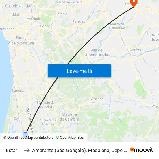 Estarreja to Amarante (São Gonçalo), Madalena, Cepelos e Gatão map