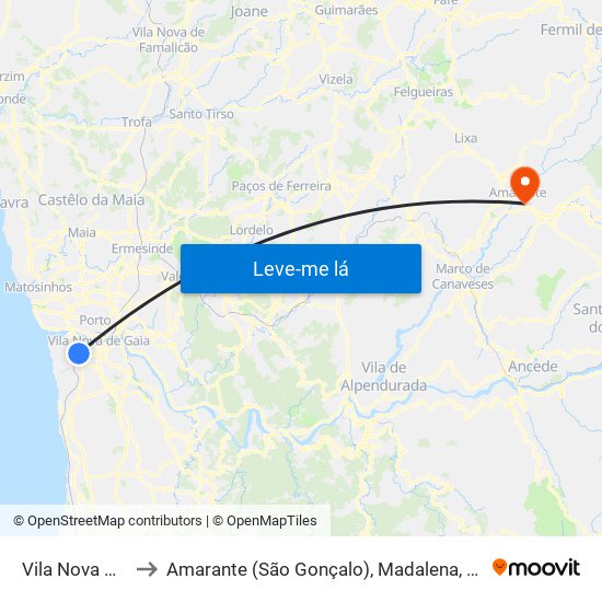 Vila Nova De Gaia to Amarante (São Gonçalo), Madalena, Cepelos e Gatão map