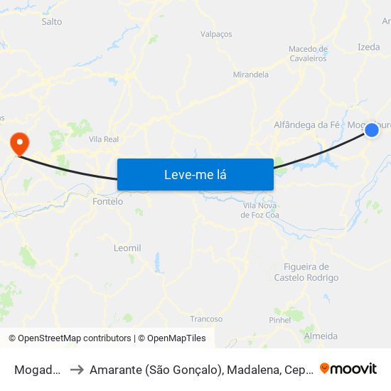 Mogadouro to Amarante (São Gonçalo), Madalena, Cepelos e Gatão map