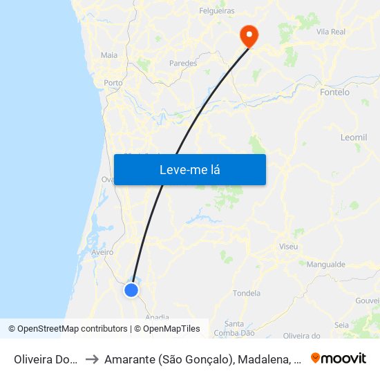Oliveira Do Bairro to Amarante (São Gonçalo), Madalena, Cepelos e Gatão map