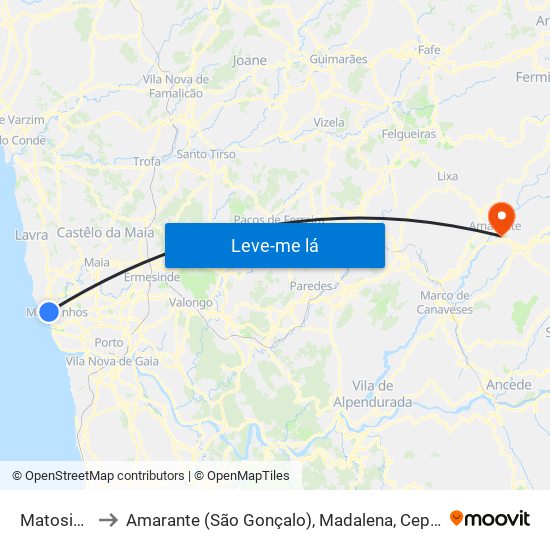 Matosinhos to Amarante (São Gonçalo), Madalena, Cepelos e Gatão map