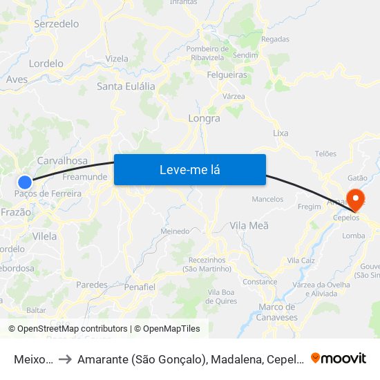 Meixomil to Amarante (São Gonçalo), Madalena, Cepelos e Gatão map